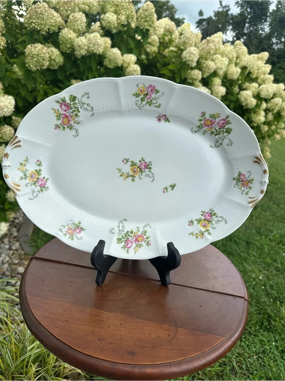 White Floral Porcelain Serving Platter with Pink and Yellow Rose Motif